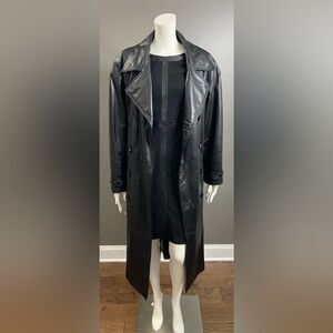 Wilson’s Blk Leather Double Breasted Belted Button Up Full Length Trench Coat M
